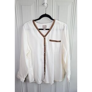 Chicos Button Up Top Size 2 White Brown Faux Suede Trim Office Career Capsule